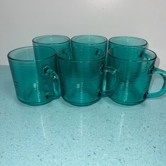 Arcoroc Vintage Mugs Jardiniere Teal Glass Ribbed Tea Coffee Set Of 6 France - Picture 2 of 6